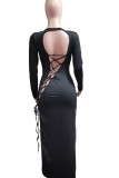 Burgundy Sexy Solid Bandage Hollowed Out Patchwork Backless Slit O Neck Straight Dresses