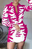 ピンク ファッション カジュアル プリント パッチワーク ターンダウン カラー ロング スリーブ ドレス