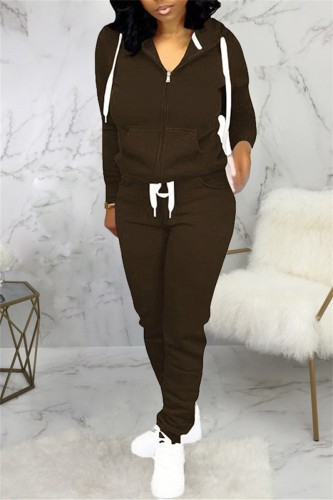 Coffee Fashion Casual Solid Patchwork Hooded Collar Long Sleeve Two Pieces