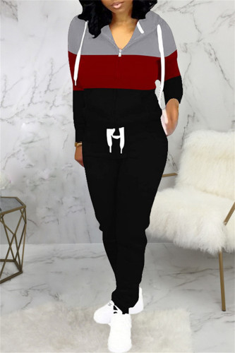 Black Red Fashion Casual Solid Patchwork Hooded Collar Long Sleeve Two Pieces