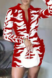 Rose Red Fashion Casual Print Patchwork Turndown Collar Long Sleeve Dresses
