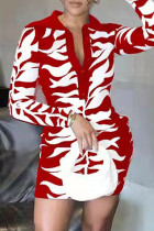 Red Fashion Casual Print Patchwork Turndown Collar Long Sleeve Dresses