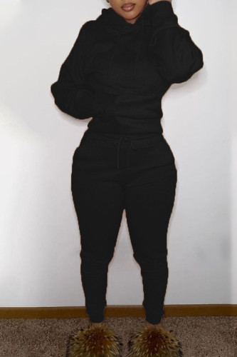 Black Casual Solid Patchwork Hooded Collar Long Sleeve Two Pieces