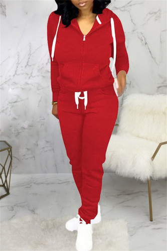 Red Fashion Casual Solid Patchwork Hooded Collar Long Sleeve Two Pieces