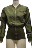 Army Green Casual Solid Draw String Zipper Collar Outerwear