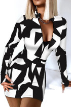 Robes de jupe de crayon de col de tirette de patchwork d'impression sexy noir blanc