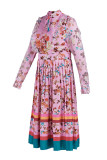 Roze elegante print patchwork volant vouw O-hals A-lijn jurken