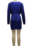 Blue Sexy Solid Patchwork Asymmetrical V Neck One Step Skirt Dresses