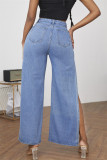 Jeans jeans moda casual azul médio com fenda sólida cintura alta regular