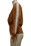 Prendas de abrigo informales con cuello de cremallera y cordón de dibujo sólido marrón