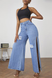 Jeans de mezclilla regular de cintura alta con abertura sólida informal azul medio