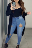 Mellanblå Mode Casual Solid Ripped Plus Size Jeans