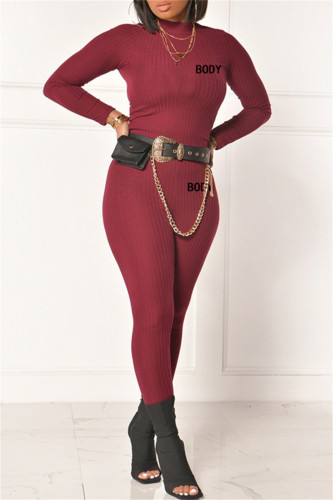 Burgundy Fashion Casual Letter Print Basic Half A Turtleneck Long Sleeve Two Pieces