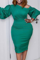 Green Fashion Casual Solid Split Joint Oblique Collar Long Sleeve Dresses