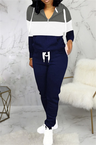 Blue White Fashion Casual Solid Patchwork Hooded Collar Long Sleeve Two Pieces