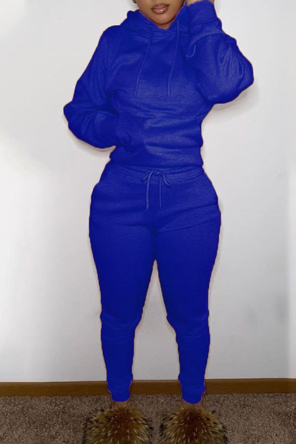 Due pezzi manica lunga colletto con cappuccio patchwork solido blu casual