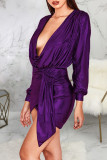 Vestidos de falda de un paso con cuello en V asimétrico de patchwork sólido sexy púrpura
