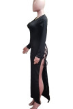黒のセクシーな固体包帯くり抜きパッチワーク背中の開いたスリット O ネック ストレート ドレス