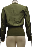 Army Green Casual Solid Draw String Zipper Collar Outerwear