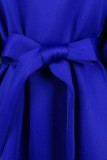 ブルーのエレガントなソリッドパッチワークビーズOネックAラインドレス