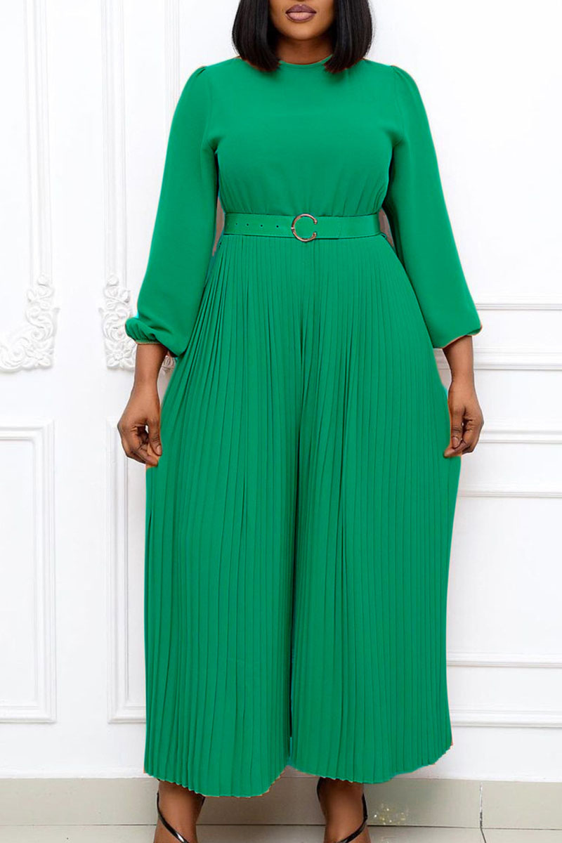 

Green Casual Elegant Solid Split Joint With Belt O Neck Straight Jumpsuits