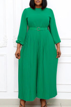 Grüne, lässige, elegante, solide Patchwork-Overalls mit Gürtel und O-Ausschnitt