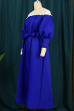 ブルーのエレガントなソリッドパッチワークビーズOネックAラインドレス
