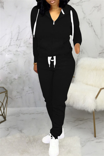 Black Fashion Casual Solid Patchwork Hooded Collar Long Sleeve Two Pieces