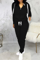 ブラックファッションカジュアルソリッドパッチワークフード付きカラー長袖ツーピース