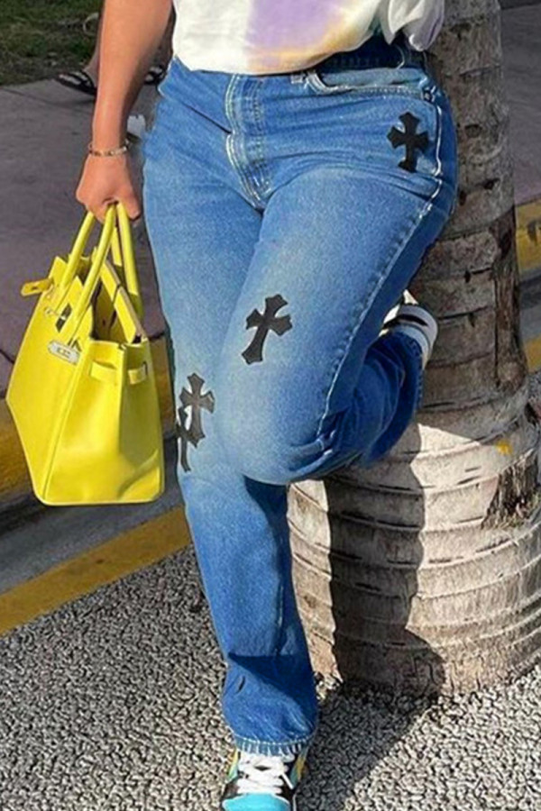 Blue Fashion Casual Borduurwerk Basic Lage Taille Rechte Denim Jeans