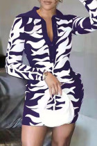 パープルファッションカジュアルプリントパッチワークターンダウンカラー長袖ドレス