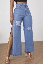 Mittelblaue, modische, lässige, solide Schlitz-Jeans mit hoher Taille und normaler Denim-Jeans