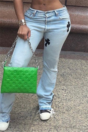 Baby Blue Fashion Casual Embroidery Basic Low Waist Straight Denim Jeans