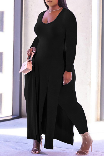 Black Fashion Casual Solid Slit O Neck Plus Size Two Pieces