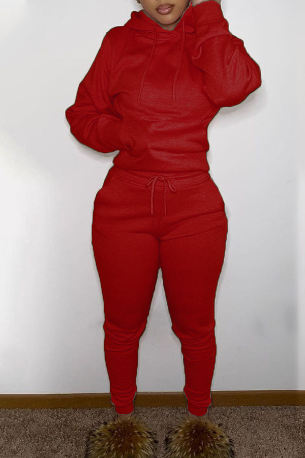 Colarinho com capuz vermelho casual patchwork sólido manga longa duas peças