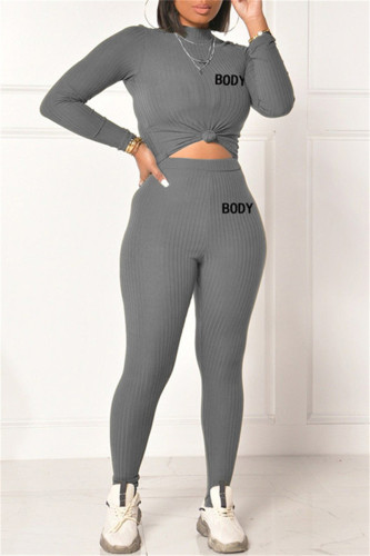 Grey Fashion Casual Letter Print Basic Half A Turtleneck Long Sleeve Two Pieces