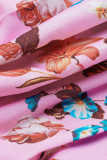 Robes trapèze roses élégantes imprimées en patchwork à volants et col rond