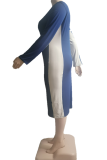 ブルー カジュアル プリント レター O ネック プラスサイズ ドレス