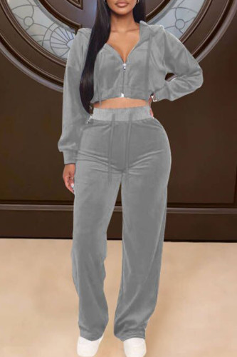 Grey Casual Solid Patchwork Zipper Hooded Collar Long Sleeve Two Pieces