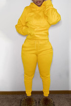 Due pezzi manica lunga colletto con cappuccio casual solido giallo