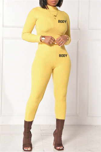 Yellow Fashion Casual Letter Print Basic Half A Turtleneck Long Sleeve Two Pieces