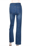 Jeans jeans azul moda casual bordado básico cintura baixa reta