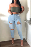 Mellanblå Mode Casual Solid Ripped Plus Size Jeans