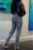 Jeans de mezclilla rectos básicos de cintura baja con bordado casual de moda azul