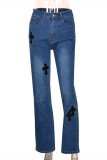 Jeans jeans azul moda casual bordado básico cintura baixa reta