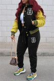 Black Fashion Casual Letter Patchwork Buckle Outerwear