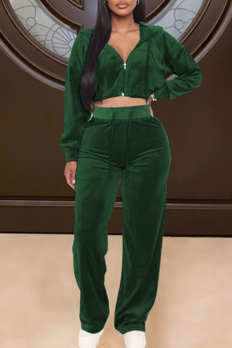 Green Casual Solid Patchwork Zipper Hooded Collar Long Sleeve Two Pieces