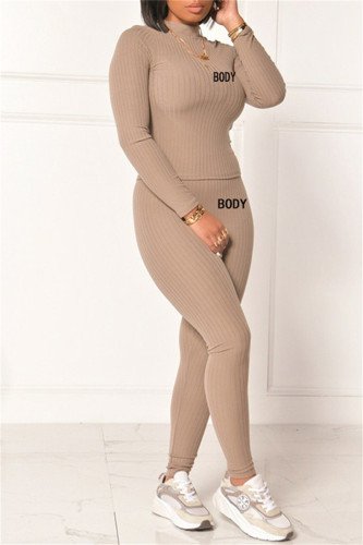 Khaki Fashion Casual Letter Print Basic Half A Turtleneck Long Sleeve Two Pieces