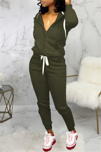 Army Green Fashion Casual Solid Patchwork Hooded Collar Long Sleeve Two Pieces