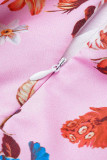 Robes trapèze roses élégantes imprimées en patchwork à volants et col rond